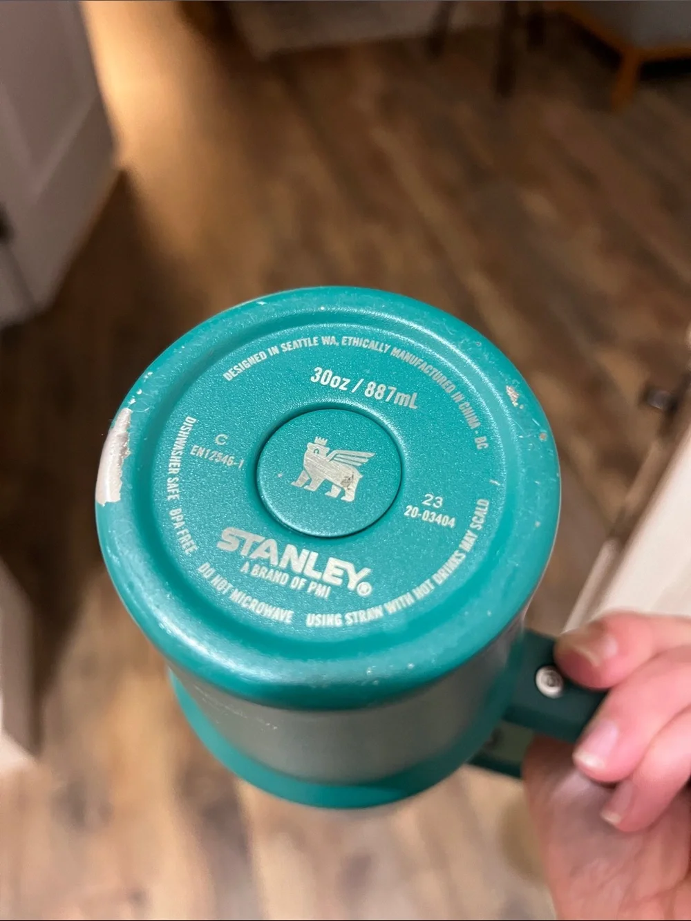 30 oz Stanley Teal Travel Mug with Handle and White Lid - Picture 4 of 4